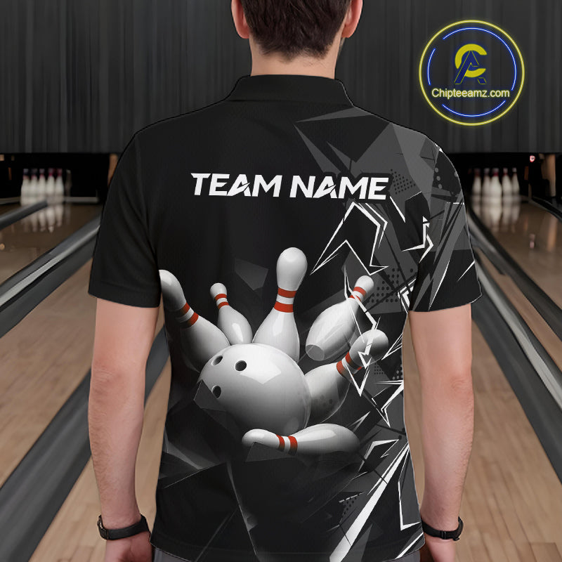 Custom Bowling Team Men Polo Shirt Quarter Zip 1/4 Personalized Name Performance Bowling Jersey|Black White NHT1332