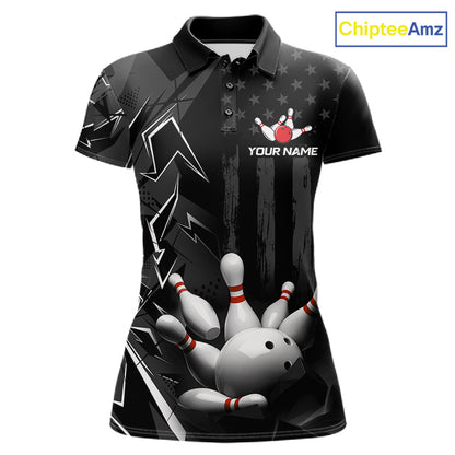 Custom Bowling Team Women Polo Shirt Quarter Zip 1/4 Personalized Name Performance Bowling Jersey|Black White NHT1332
