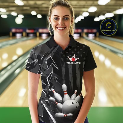 Custom Bowling Team Women Polo Shirt Quarter Zip 1/4 Personalized Name Performance Bowling Jersey|Black White NHT1332