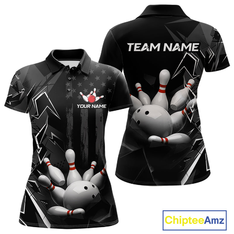 Custom Bowling Team Women Polo Shirt Quarter Zip 1/4 Personalized Name Performance Bowling Jersey|Black White NHT1332