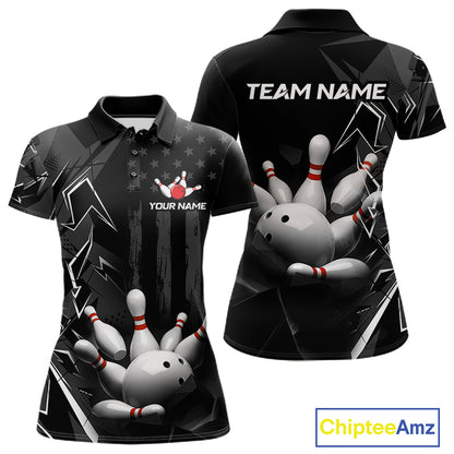 Custom Bowling Team Women Polo Shirt Quarter Zip 1/4 Personalized Name Performance Bowling Jersey|Black White NHT1332