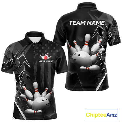 Custom Bowling Team Men Polo Shirt Quarter Zip 1/4 Personalized Name Performance Bowling Jersey|Black White NHT1332