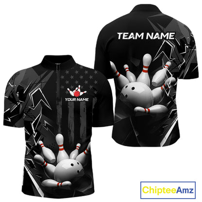 Custom Bowling Team Men Polo Shirt Quarter Zip 1/4 Personalized Name Performance Bowling Jersey|Black White NHT1332