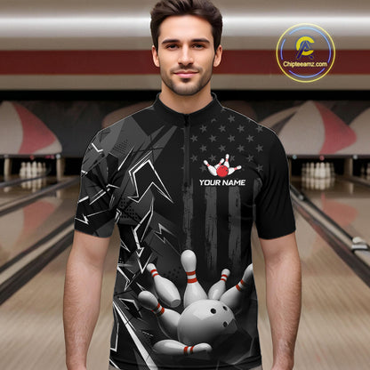 Custom Bowling Team Men Polo Shirt Quarter Zip 1/4 Personalized Name Performance Bowling Jersey|Black White NHT1332