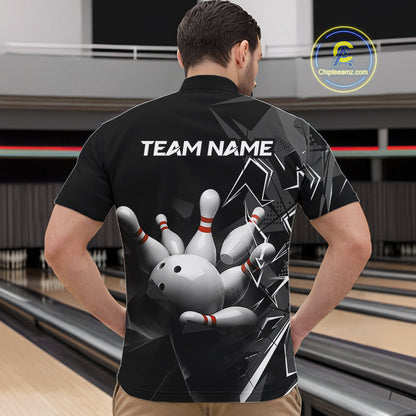 Custom Bowling Team Men Polo Shirt Quarter Zip 1/4 Personalized Name Performance Bowling Jersey|Black White NHT1332