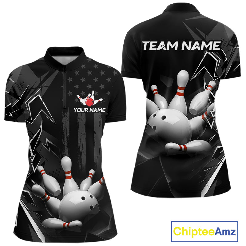 Custom Bowling Team Women Polo Shirt Quarter Zip 1/4 Personalized Name Performance Bowling Jersey|Black White NHT1332