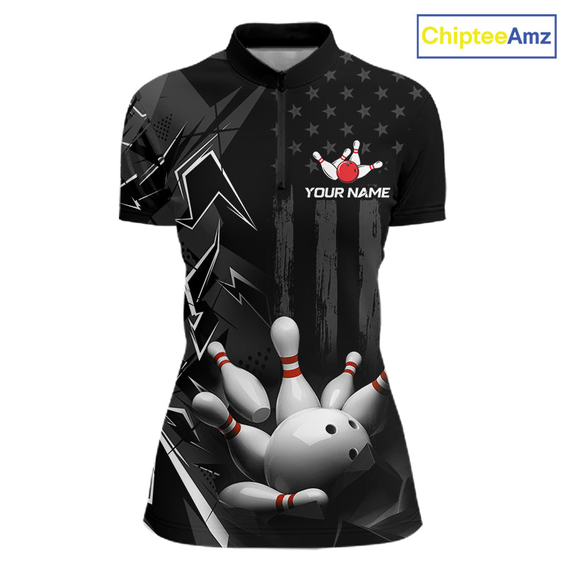 Custom Bowling Team Women Polo Shirt Quarter Zip 1/4 Personalized Name Performance Bowling Jersey|Black White NHT1332