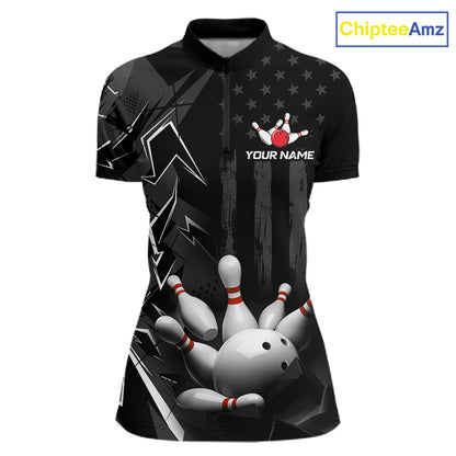 Custom Bowling Team Women Polo Shirt Quarter Zip 1/4 Personalized Name Performance Bowling Jersey|Black White NHT1332