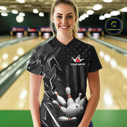 Custom Bowling Team Women Polo Shirt Quarter Zip 1/4 Personalized Name Performance Bowling Jersey|Black White NHT1332