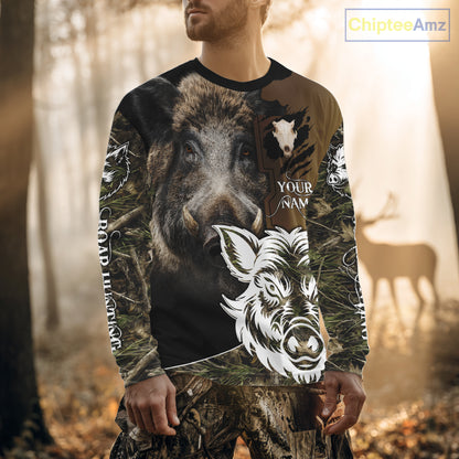 Wild Boar Hunting Shirt Custom Name Camo Skull Hunting Clothes For Hunters Gift NHT110