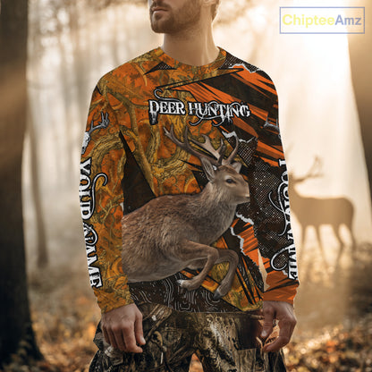 Best Deer Hunting Shirt Personalized 3D All Over Print Black With Orange Camo Hunting Clothes NHT61