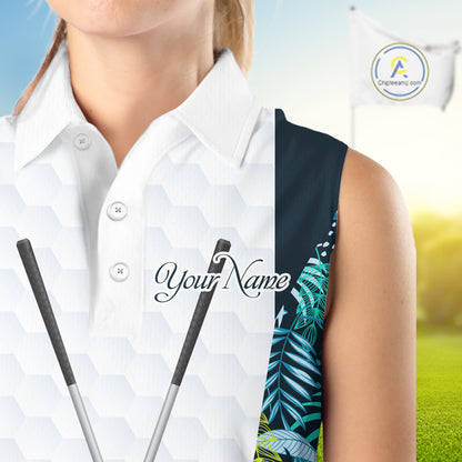 Personalized Green Tropical Plants Pattern Womens Sleeveless Golf Polo Shirts Custom Golf Tops NHT689