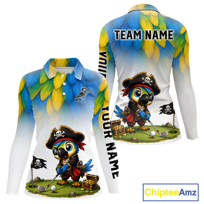 Custom pirate bird golf jersey for women, personalized pirate parrot design, side view.