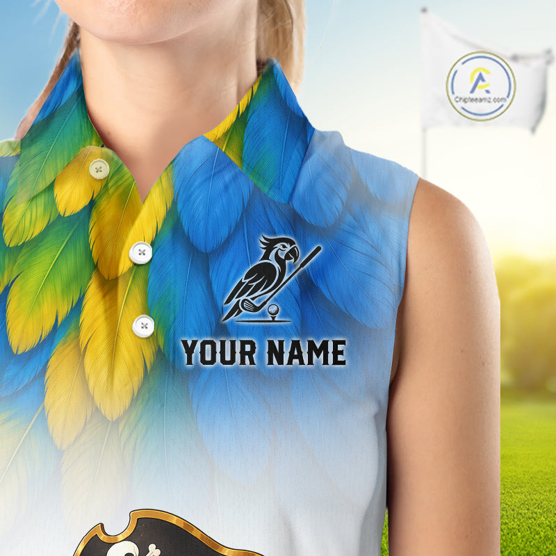 Close up of personalized pirate parrot womens sleeveless golf polo, detail of custom text area for name and team.