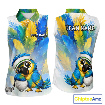 Womens sleeveless golf polo shirt with parrot hugging golf ball graphic, personalized golf lover gift, side view.