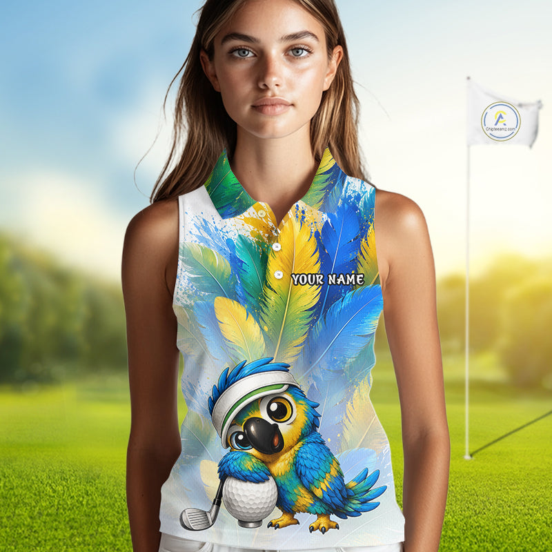 Cute bird hugging golf ball printed on womens sleeveless golf polo shirt, custom name and team, golf outfit.