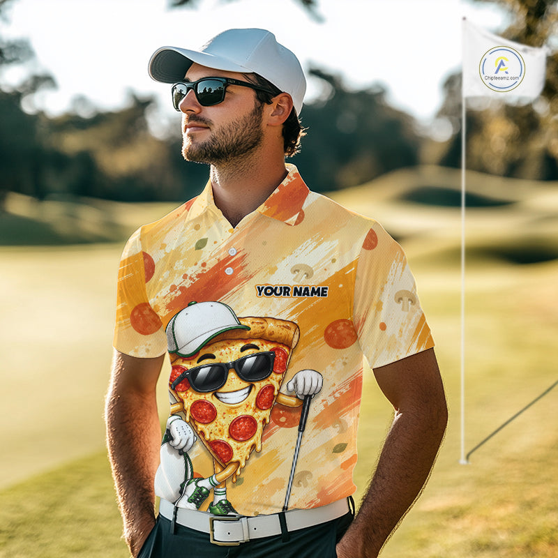 Funny Pizza Men Golf Polo Shirt Custom Name, Personalized Pizza Golfer Team Polo NHT1339