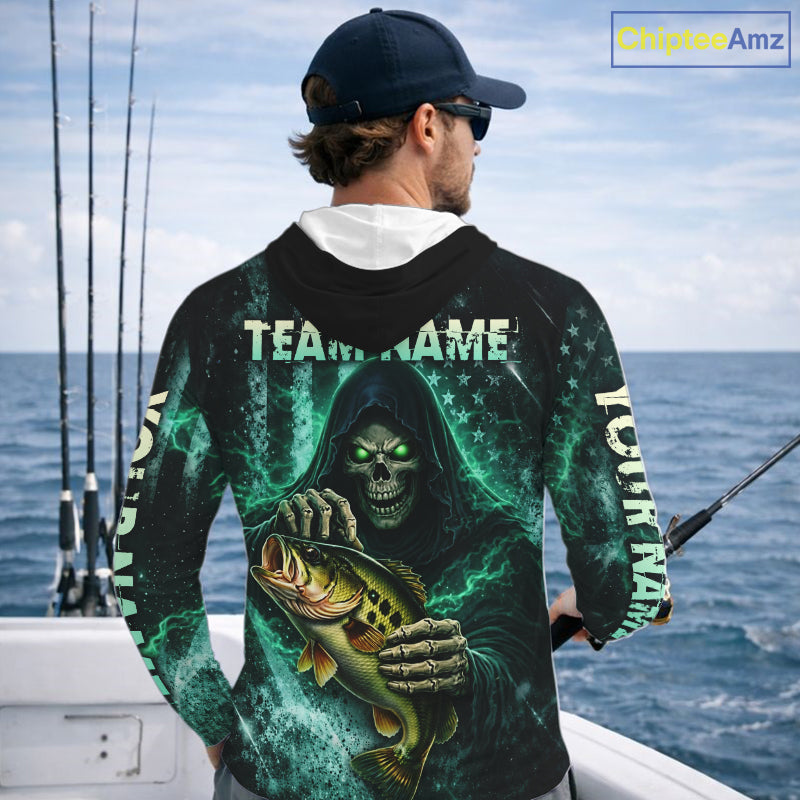 Custom Team Name Grim Reaper Bass Fishing With American Flag - Hooded Patriotic Bass Fishing Jersey NHT515