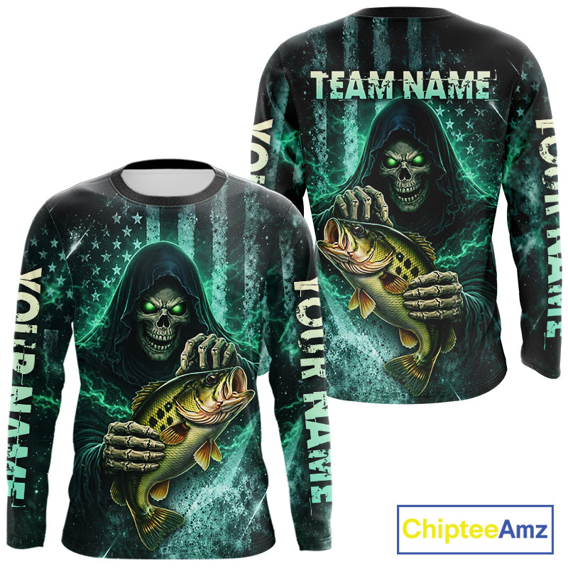 Custom Team Name Grim Reaper Bass Fishing With American Flag - Patriotic Bass Fishing Jersey NHT515