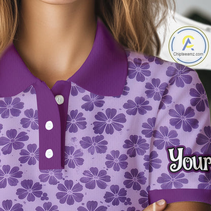Custom Womens Purple Floral Golf Polo, Personalized Violet Flower Golf Shirt With Name NHT696