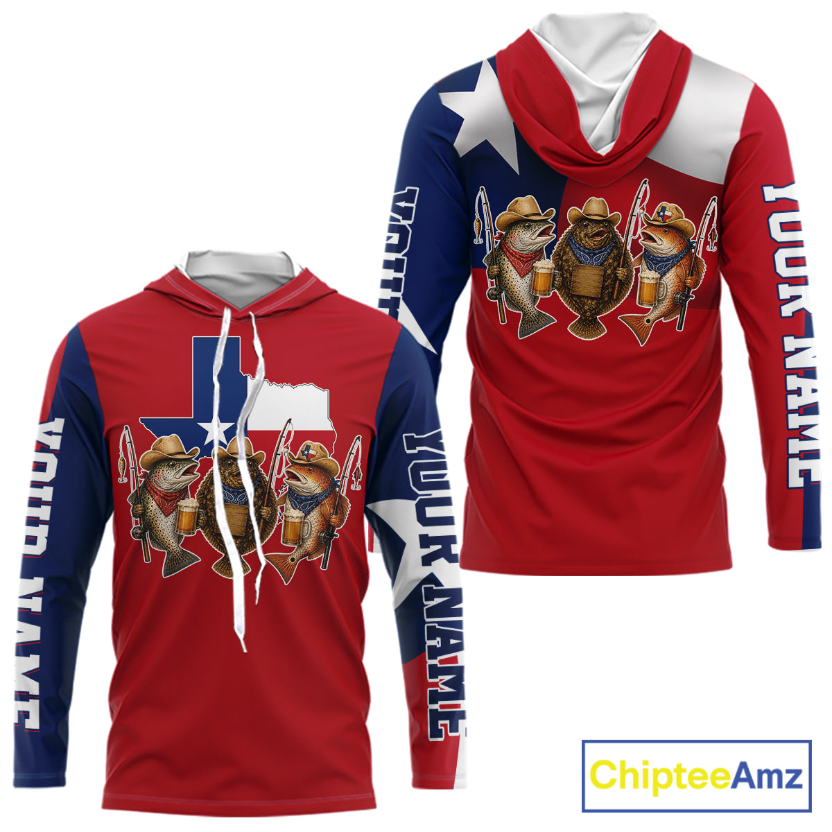 Funny Cowboy Trout, Flounder, Redfish Texas Flag Long Sleeve Hooded  Fishing Shirts Apparel