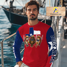 Load image into Gallery viewer, Funny Cowboy Trout, Flounder, Redfish Texas Flag Long Sleeve Fishing Shirts Apparel|Red