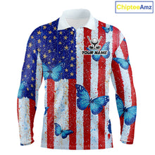 Load image into Gallery viewer, Personalized Blue Butterfly American Flag Polo – Custom Name Patriotic Golf Polo Shirt