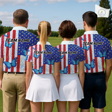 Load image into Gallery viewer, Personalized Blue Butterfly American Flag Polo – Custom Name Patriotic Womens Golf Polo Shirt NHT1034