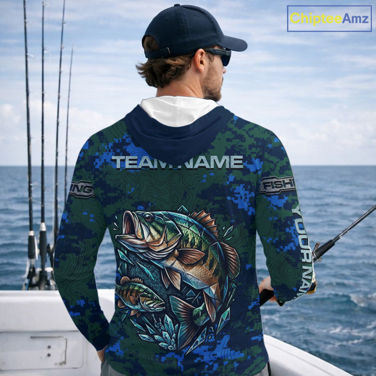 Green Camo Bass Fishing Shirt Long Sleeve Hooded, Bass Fishing Jersey, Performance Fishing Apparel NHT877