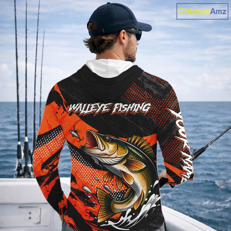 Personalized Walleye Fishing Long Sleeve Hooded Tournament Shirt For Men, Performance Fishing Shirt NHT461