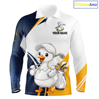 A long-sleeve polo shirt with a white, navy blue, and yellow geometric pattern, featuring a cartoon duck golf player graphic and a customizable name print on the chest. The ChipteeAmz logo is visible in the top right corner.