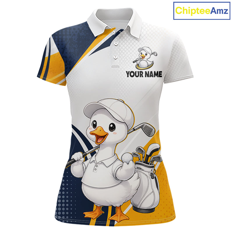 A women's short-sleeve polo shirt with a golf theme, featuring a cartoon duck wearing a cap and holding a golf bag and club. The shirt has a white base with navy blue and yellow graphic panels on the sides and sleeves, and a customizable name print area on the chest.