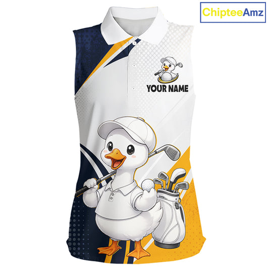 A sleeveless polo shirt with a white, navy, and yellow geometric pattern, featuring a cartoon golf duck wearing a cap and holding clubs, alongside a customizable name placeholder. The ChipteeAmz logo is visible in the top right corner.
