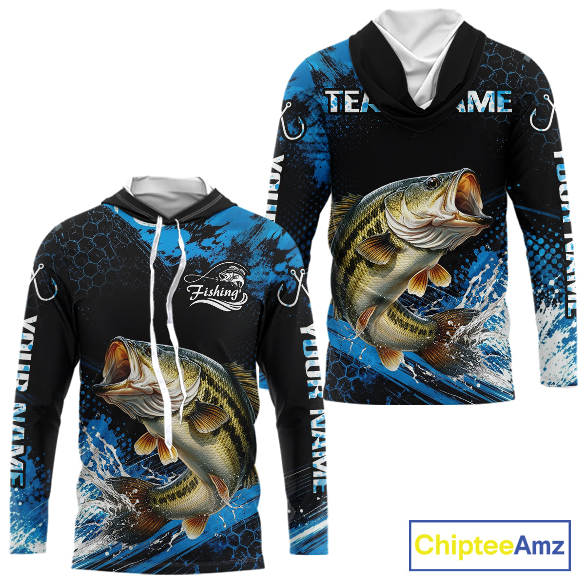 Back view of custom bass hooded fishing shirt made from lightweight polyester with UPF 30+ sun protection.