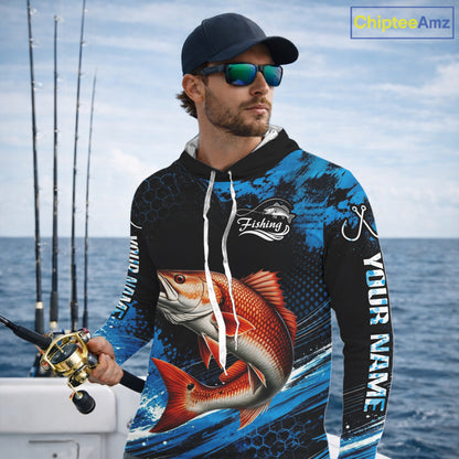 Custom Redfish Fishing Jersey, Personalized Team Name Long Sleeve Hooded Performance Fishing Shirt For Men NHT1225