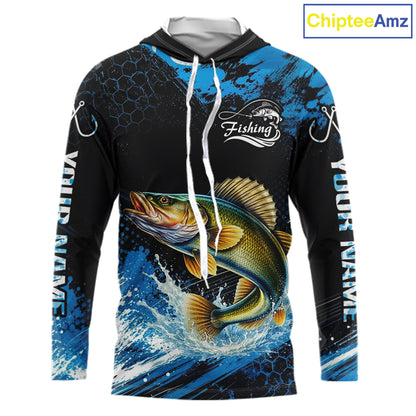 Custom Walleye Fishing Jersey long sleeve hooded shirt with walleye-inspired graphic and performance fit.