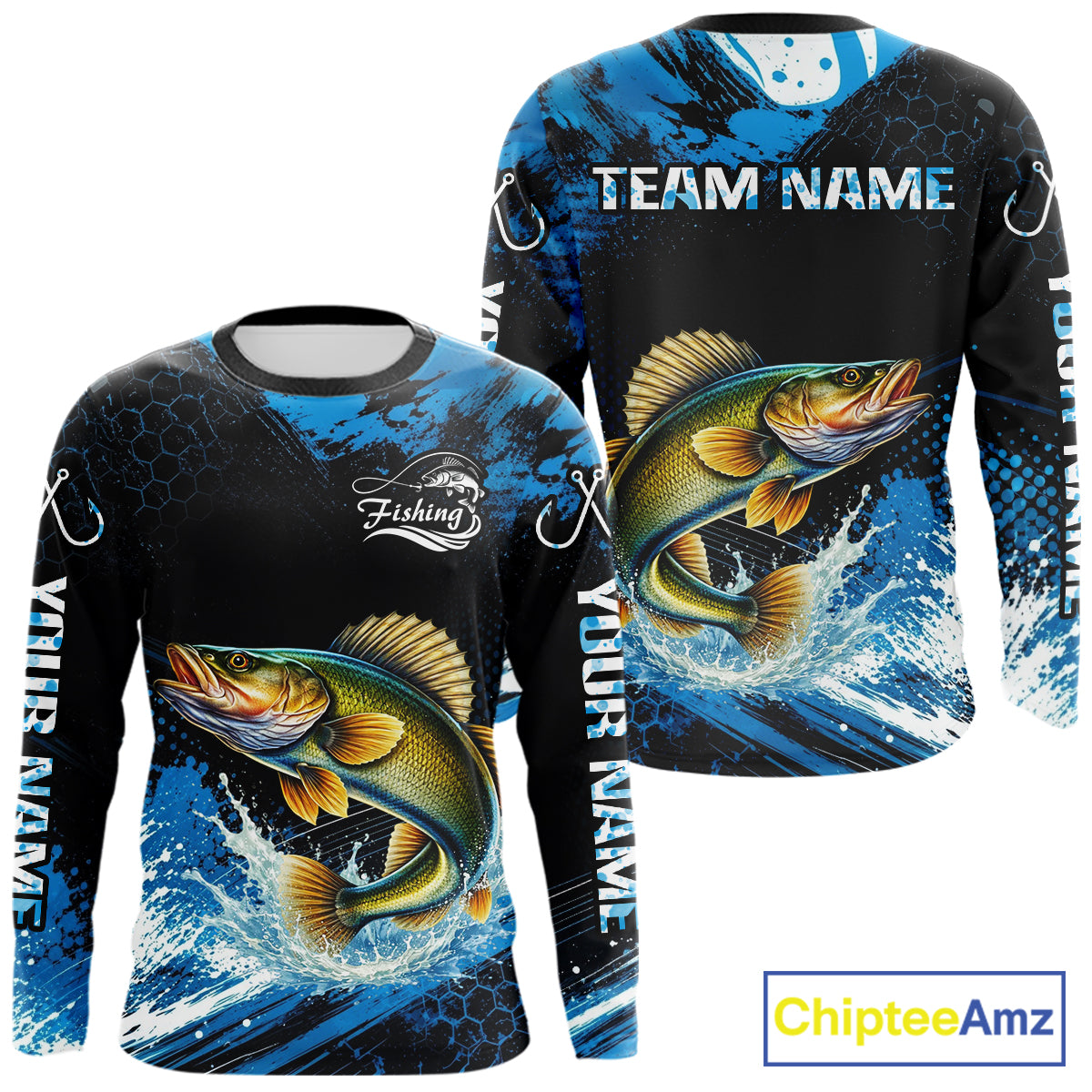 Back view of custom walleye fishing shirt made from breathable polyester with UPF 30+ sun protection.