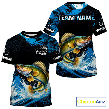 Back view of custom walleye fishing shirt made from breathable polyester with UPF 30+ sun protection.