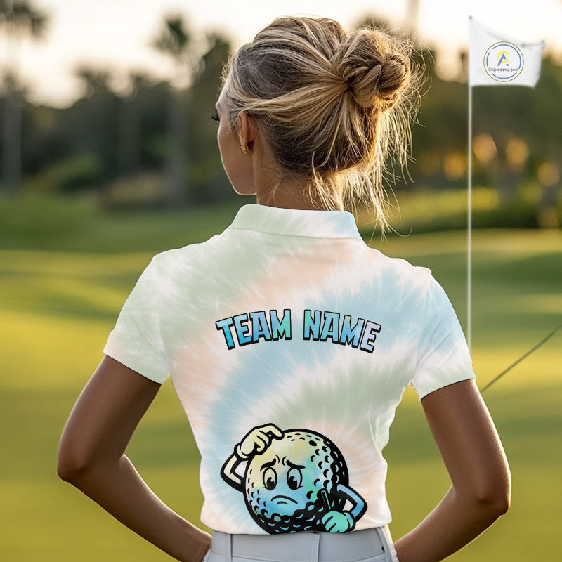 Funny Tie Dye Womens Golf Team Polo Shirt – Cartoon Golf Ball Golfer Shirt, Personalized Golf Family Team Shirt  NHT741