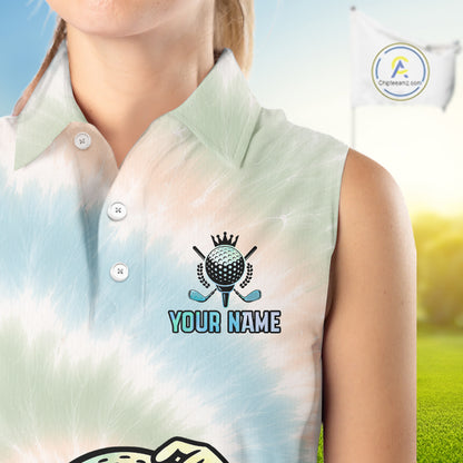 Funny Tie Dye Sleeveless Womens Golf Team Polo Shirt – Cartoon Golf Ball Golfer Shirt, Personalized Golf Family Team Shirt NHT741