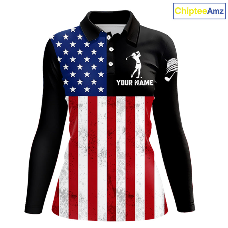 Personalized Womens Golf Polo Shirt American Flag Patriotic Golf Shirts Golf Gifts For Womens NHT746