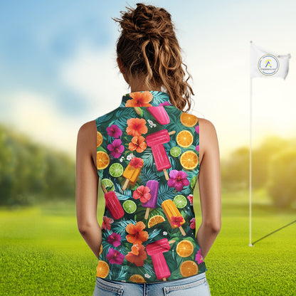 Golf Womens Sleeveless Polo Shirt Tropical Popsicle Paradise Pattern Tropical Leaves Custom Name, Golf Shirt NHT539