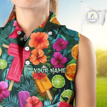 Load image into Gallery viewer, Golf Womens Sleeveless Polo Shirt Tropical Popsicle Paradise Pattern Tropical Leaves Custom Name, Golf Shirt NHT539