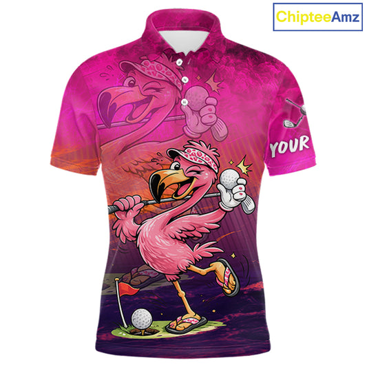 A short-sleeve polo shirt with a vibrant pink and purple gradient design, featuring a cartoon flamingo playing golf with a golf ball and flag. The shirt has a white collar and buttons, and the word 'YOUR' is printed on the sleeve, suggesting a customizable product.