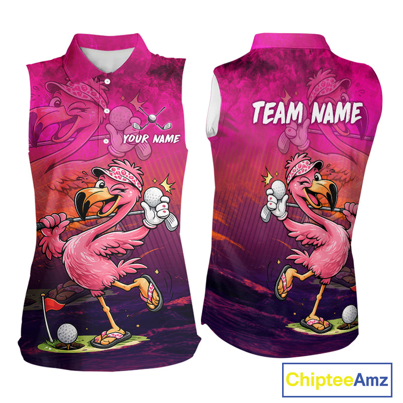 Front and back views of a sleeveless collared polo shirt featuring a colorful cartoon flamingo golf design on a pink and purple gradient background. The front shows a 'YOUR NAME' placeholder and the back shows 'TEAM NAME' placeholder, with a 'ChipteeAmz' logo in the bottom right corner.