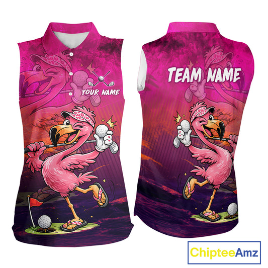 Front and back views of a sleeveless collared polo shirt featuring a colorful cartoon flamingo golf design on a pink and purple gradient background. The front shows a 'YOUR NAME' placeholder and the back shows 'TEAM NAME' placeholder, with a 'ChipteeAmz' logo in the bottom right corner.