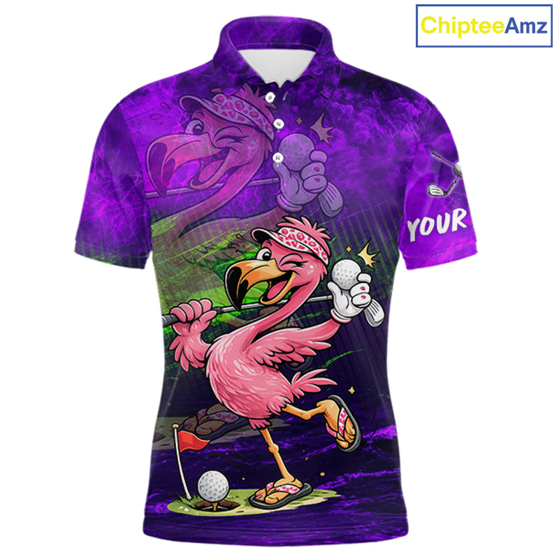 A short-sleeve polo shirt with a vibrant purple and black tie-dye pattern, featuring a cartoon flamingo golfing on the front. The shirt has a white collar and buttons, and the word 'YOUR' is printed on the sleeve, indicating a customizable product.