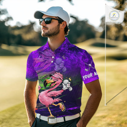 A man wearing a purple and pink flamingo-themed golf shirt, white cap, and sunglasses, standing on a golf course with a flag in the background.