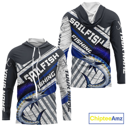 Personalized Sailfish Fishing Jerseys For Fishing Team, Sailfish Hooded Fishing Shirt Long Sleeve NHT920