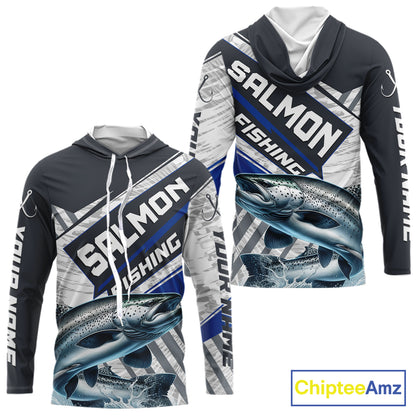 Personalized Chinook Salmon Fishing Jerseys For Fishing Team, Salmon Hooded Fishing Shirt Long Sleeve NHT921
